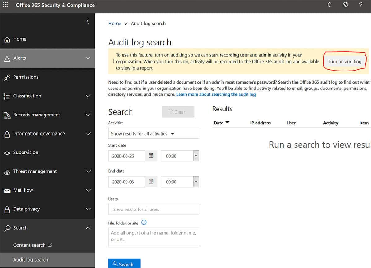 How do I turn on Audit log search in Microsoft 365.