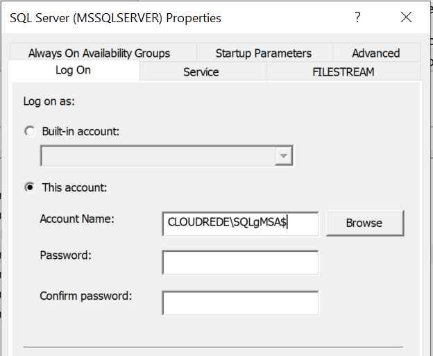 SQL Server Properties account name dialog box.
