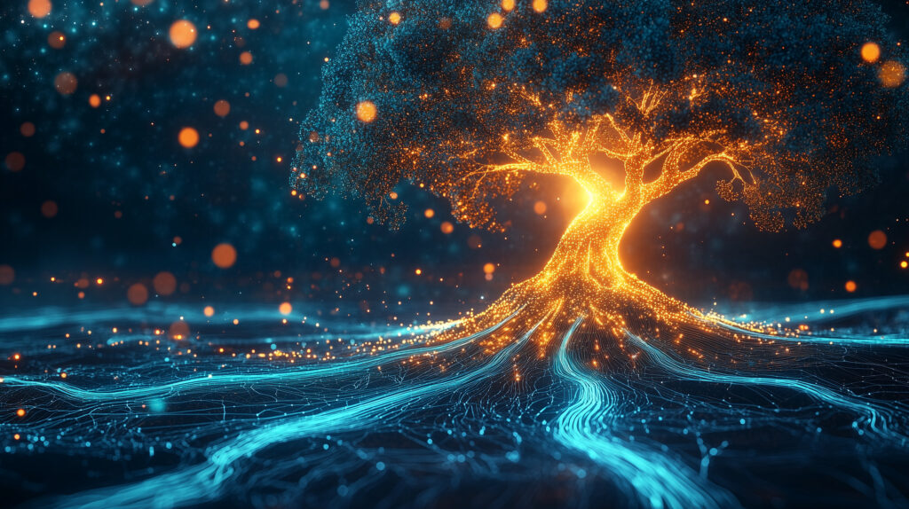 tree of light and connectivity in a digital landscape