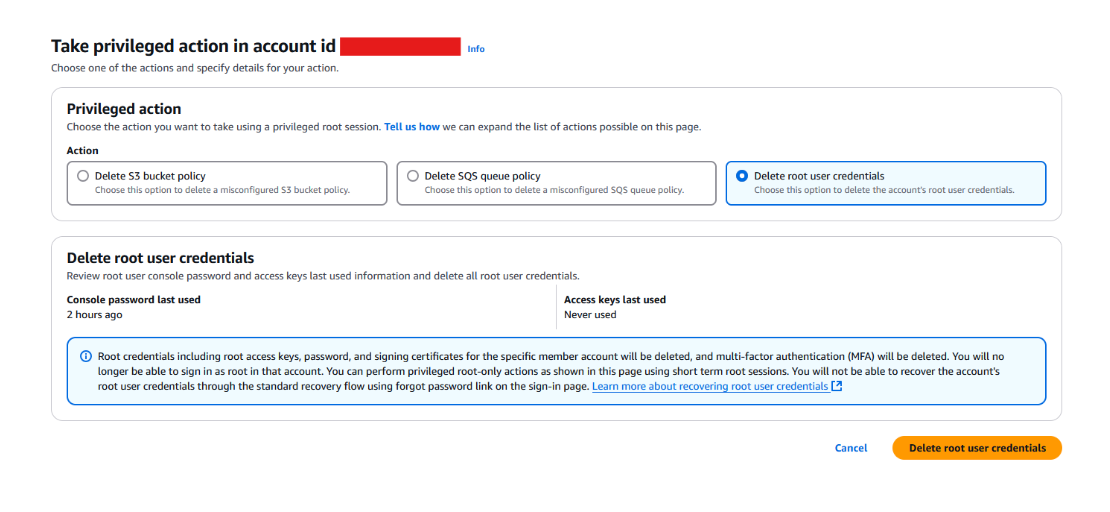 Take privileged action in account id